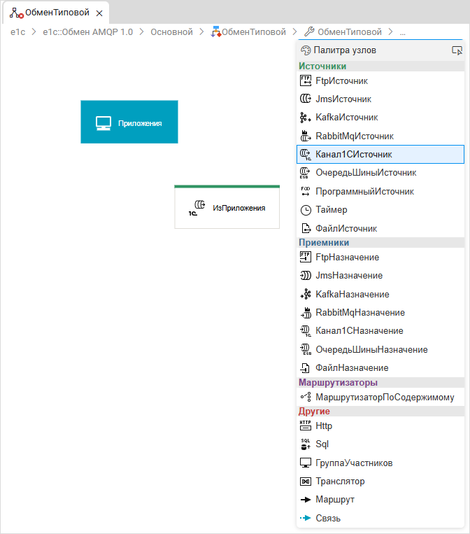 Добавление узла «Канал1СИсточник»