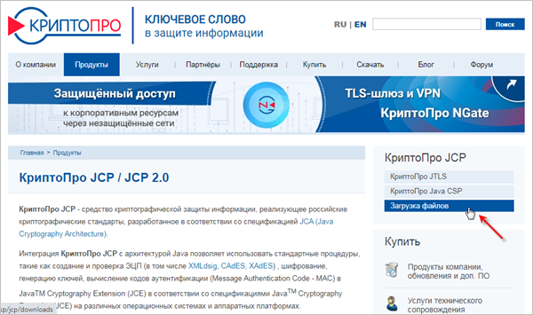 Ссылка для загрузки файлов на сайте КриптоПро JCP