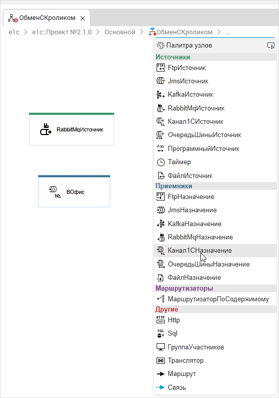 Добавление узла «Канал1СНазначение»