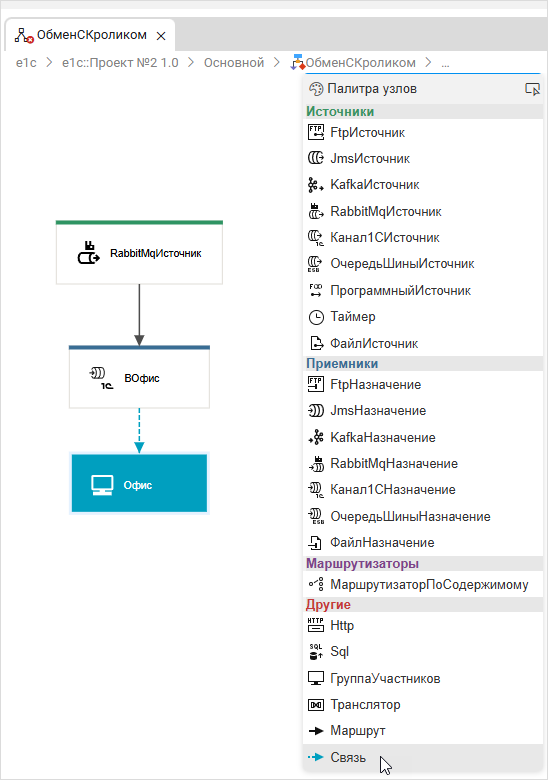 Добавление маршрута между узлами «Офис» и «ВОфис»
