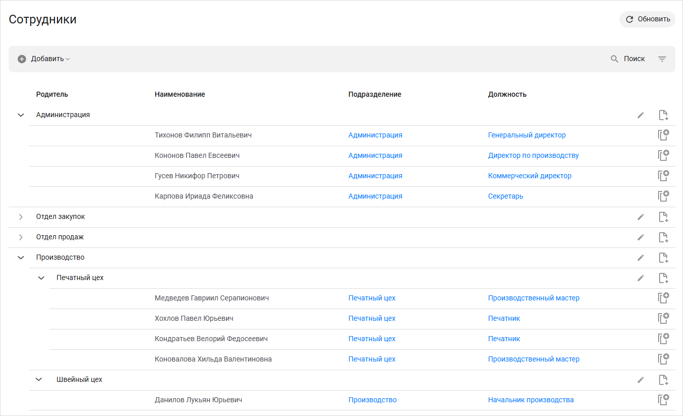 Отображение справочника «Сотрудники» с иерархией по подразделениям