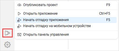 Выбор пункта «Начать отладку приложения» в меню «Запуск и публикация»