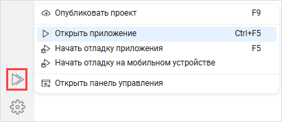 Выбор пункта «Открыть приложение» в меню «Запуск и публикация»