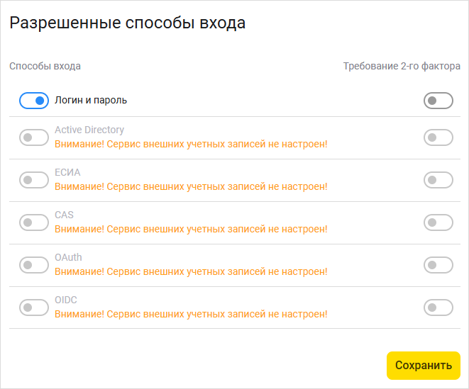 Включение флажка «Требование 2-го фактора» для входа по логину и паролю