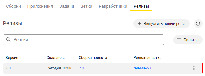 Новый релиз в списке релизов проекта