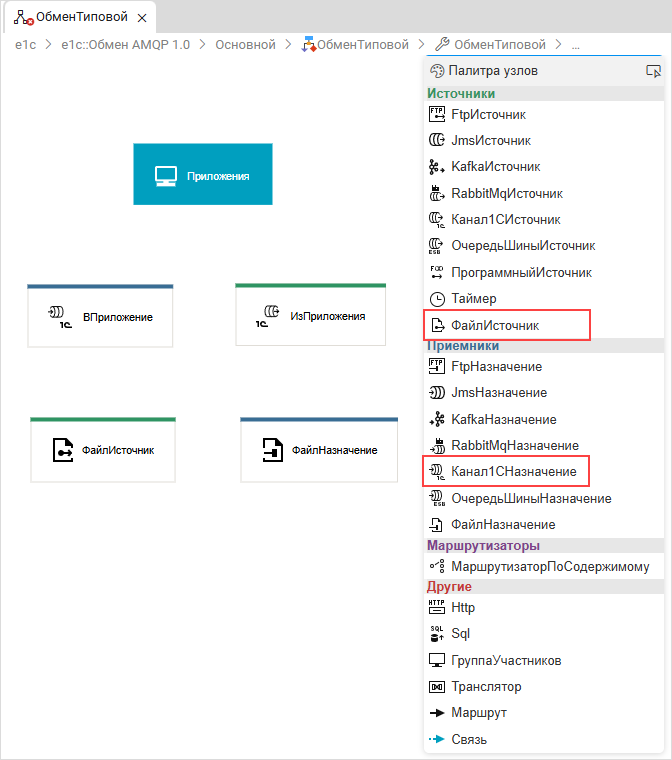 Добавление узлов «Канал1СНазначение» и «ФайлИсточник»