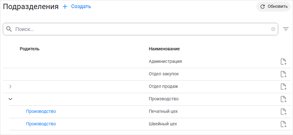 Форма списка иерархического справочника «Подразделения»