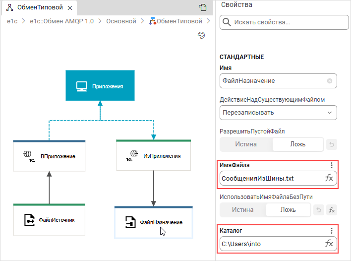 Задание свойств для узла «ФайлНазначение»