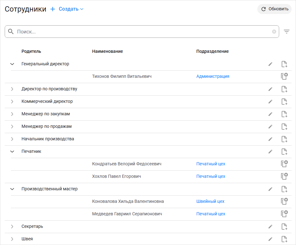 Отображение справочника «Сотрудники» с иерархией по должностям